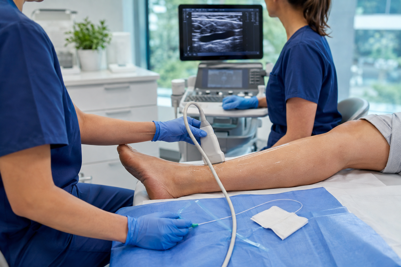 Clinicians performing an ultrasound-guided assessment of a patient's lower leg in a modern vascular clinic